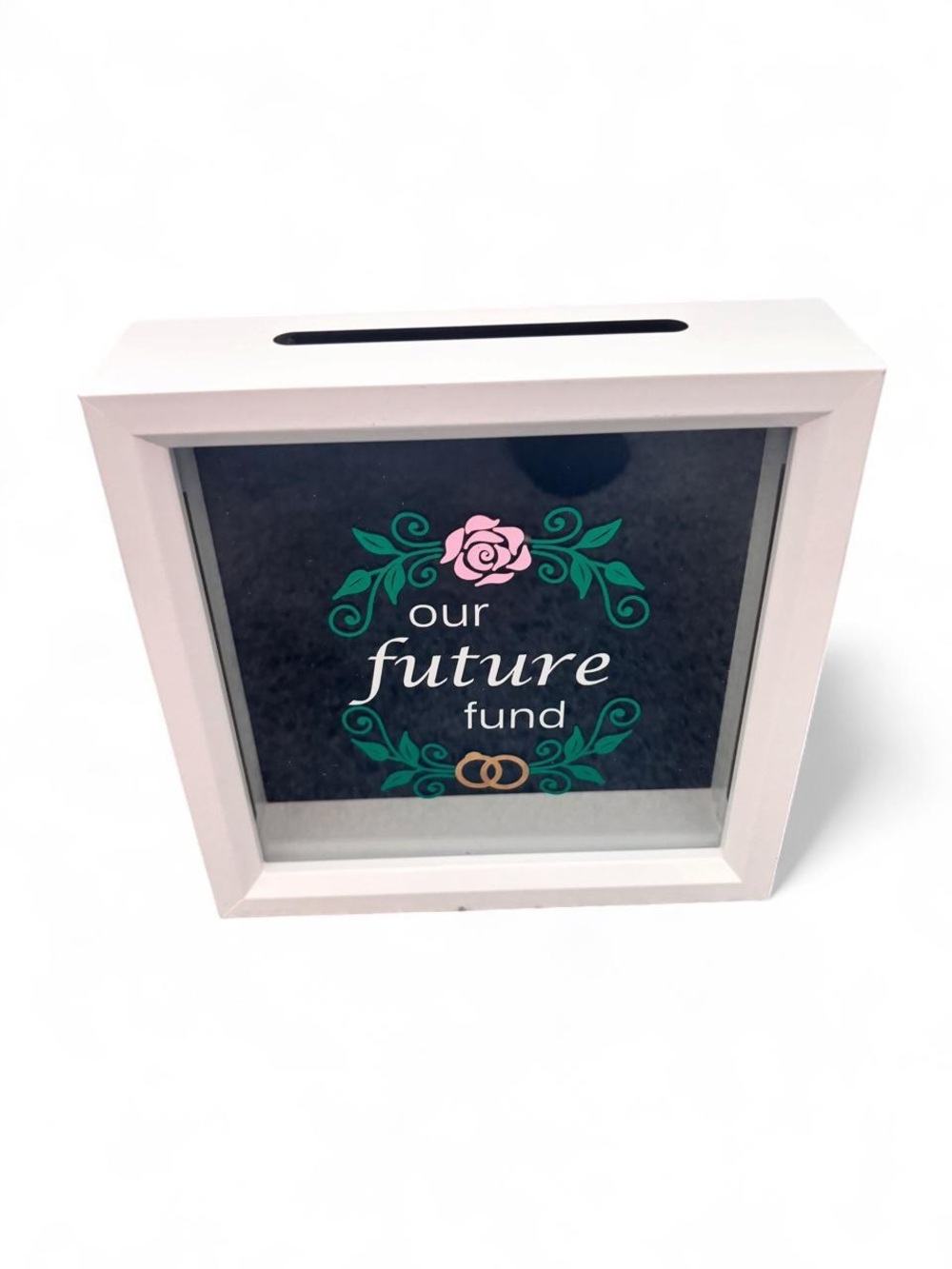 White Framed "Our Future Fund" Honeymoon Money Box 9x9 Navy Replaceable Back